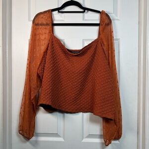 Ashley Stewart Sheer Sleeve Blouse Rust Orange Textured Top NWT 30/32